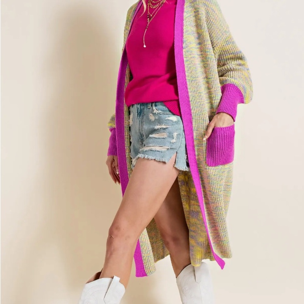 143 Story Women Magenta Multi Oversized Rib-Knit Open Longline Sweater Cadigan M